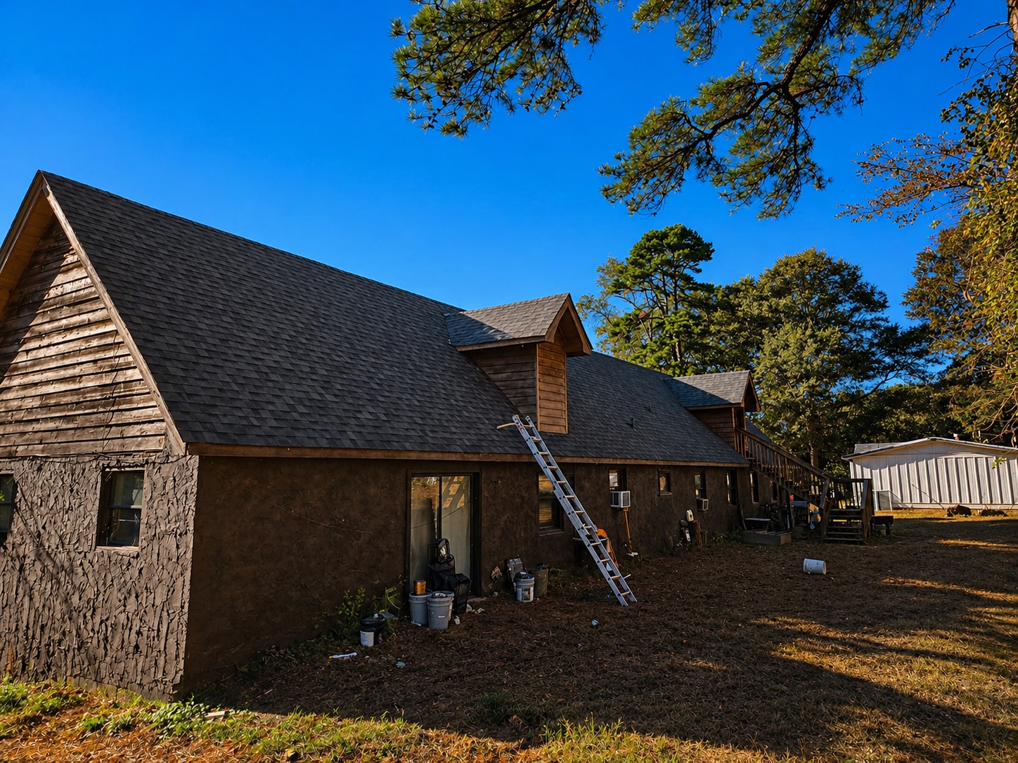 Completed dark shingle roof on large wood-sided home