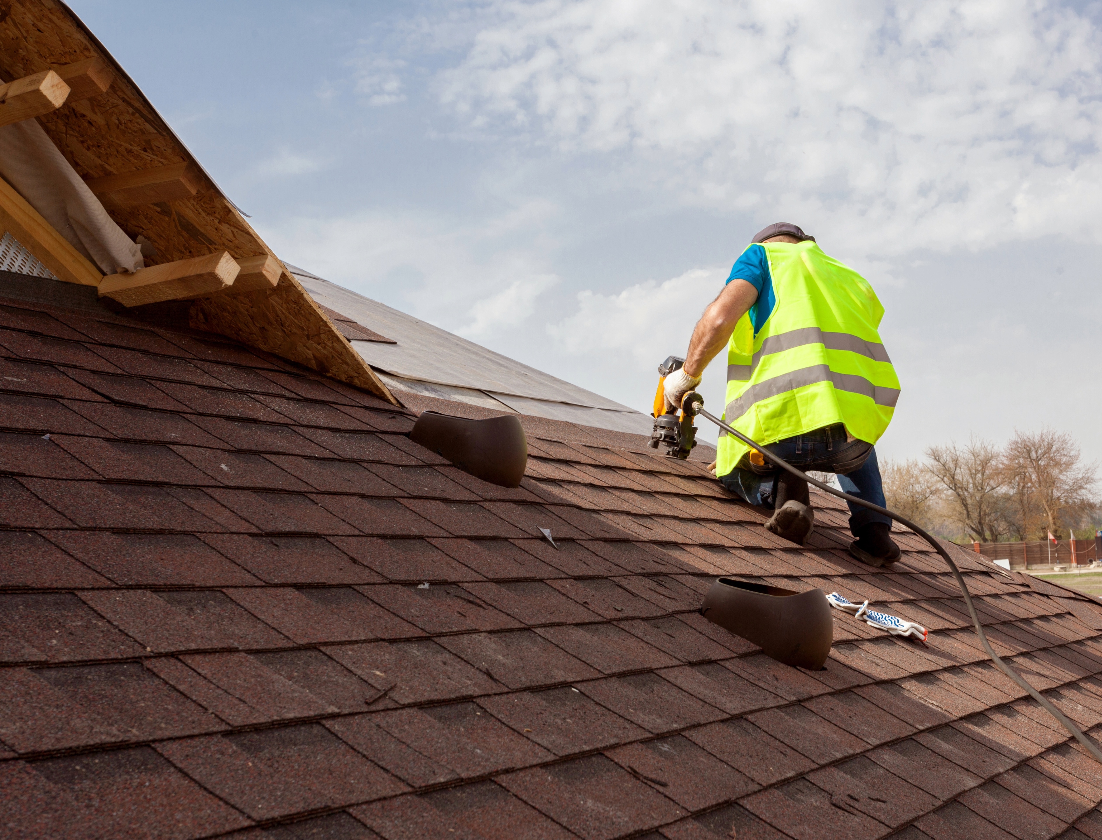 Professional roofing team at work